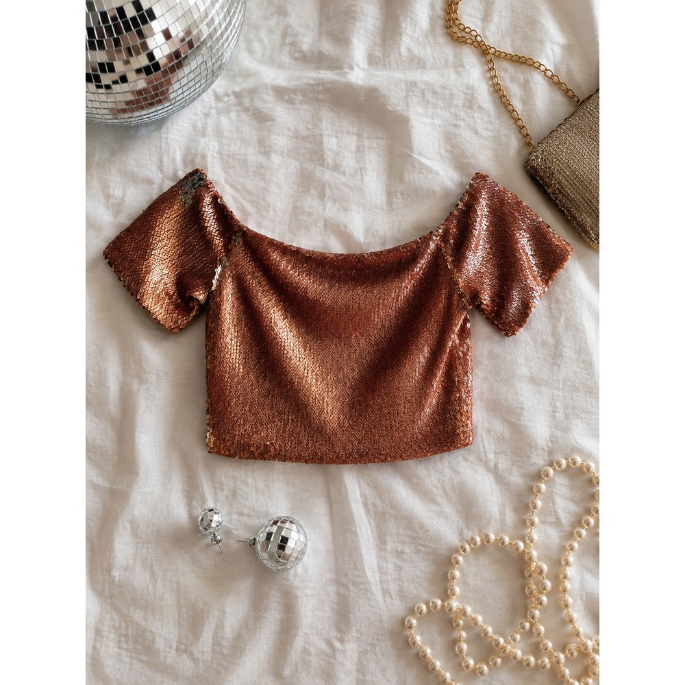 Lanco Rose Gold Sequin Off The Shoulder Crop Top Short Sleeve EKT1126 Size S